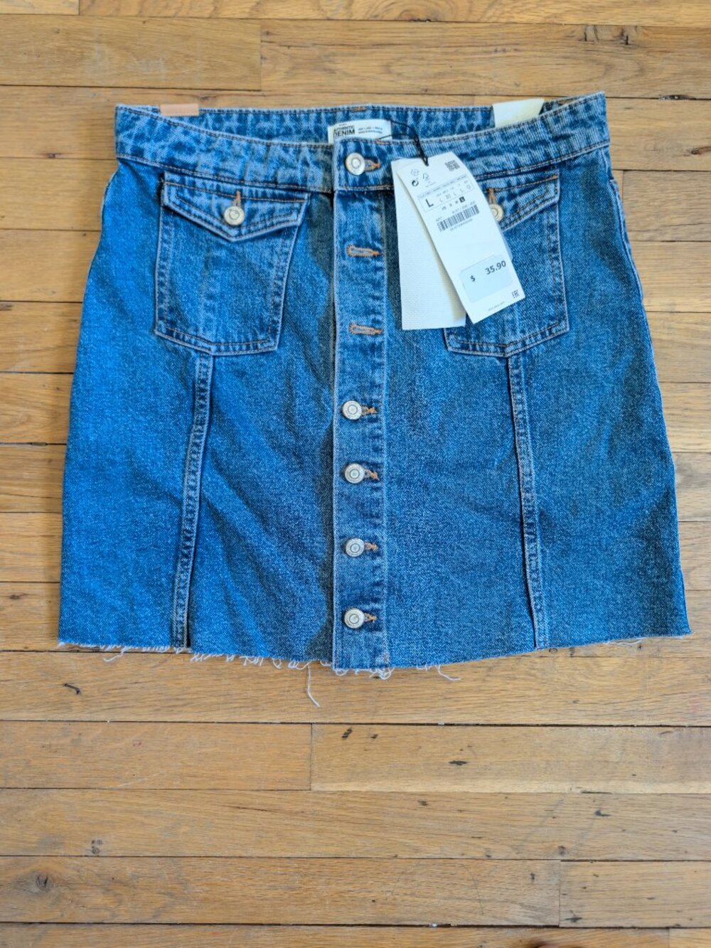 Zara NWT Denim Button Front Mini Skirt | Medium Wash Blue Utility Skirt | Size L